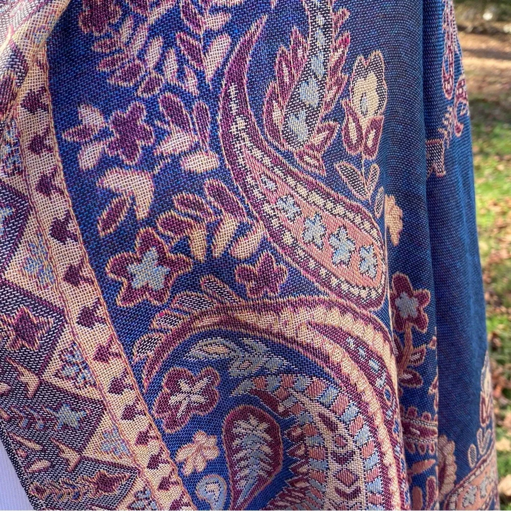 WAVERLY CELEBRATIONS SCARF WRAP PASHMINA BLUE TAN RED FLORAL PAISLEY LARGE